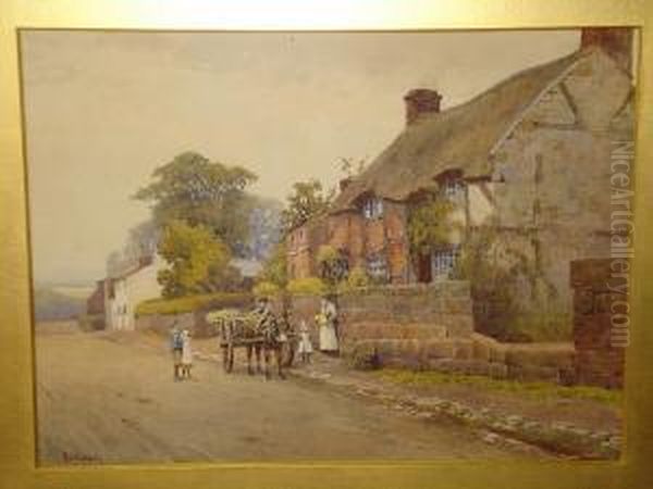 A Village Street Scene, Figures 
Before A Flowersellers Donkey Cart Beside Half Timbered Cottages, 
Signed, Watercolour Oil Painting by Mary S. Hagarty