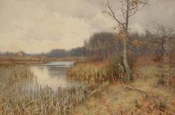 A Figure Fishing In An Autumnal Landscape Oil Painting by Mary S. Hagarty