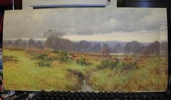 Cattle Grazing In A Woodland And Moorland Lanscape Oil Painting by Mary S. Hagarty