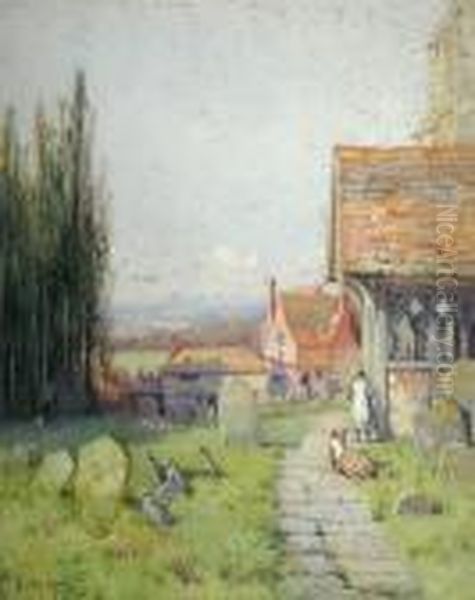 Two Girls Playing In The Churchyard Oil Painting by Mary S. Hagarty