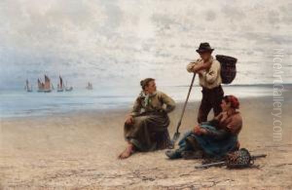 Conversation By The Sea Oil Painting by August Wilhelm Nikolaus Hagborg