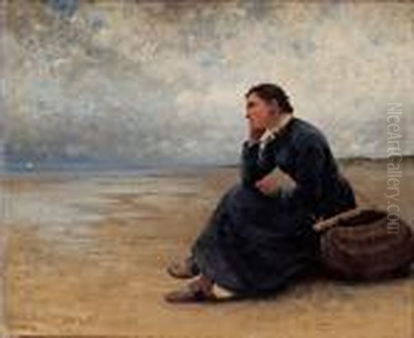 Waiting By The Ocean Oil Painting by August Wilhelm Nikolaus Hagborg