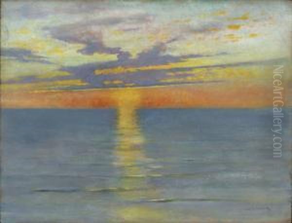 Solnedgang Over Havet Oil Painting by August Wilhelm Nikolaus Hagborg