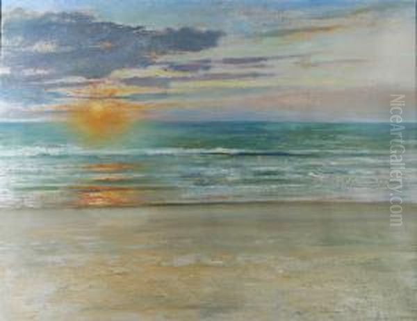 Havsstrand I Solnedgang Oil Painting by August Wilhelm Nikolaus Hagborg