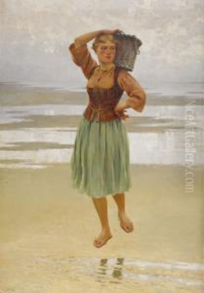 Ostronplockerska Pa Stranden Oil Painting by August Wilhelm Nikolaus Hagborg