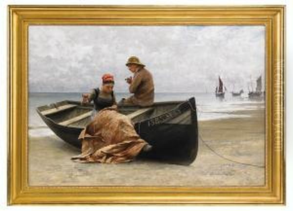 Fiskare Och Flicka Pa Stranden I Bretagne Oil Painting by August Wilhelm Nikolaus Hagborg