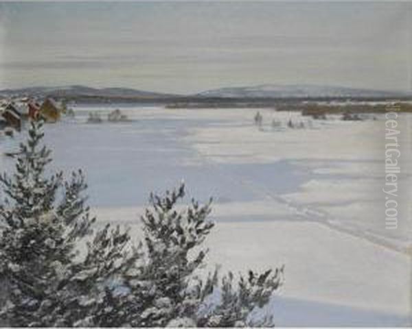 Snolandskap (snowy Landscape) Oil Painting by August Wilhelm Nikolaus Hagborg