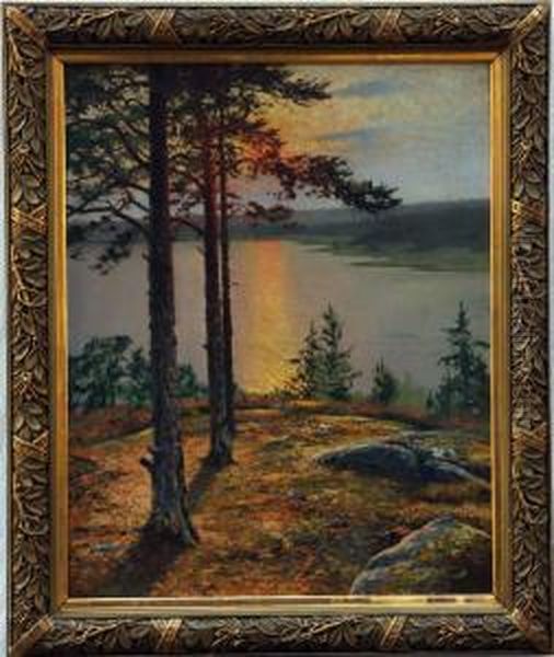 Solnedgang I Skargarden Oil Painting by August Wilhelm Nikolaus Hagborg