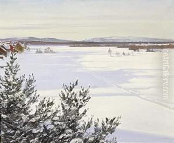 Sunny Winterlandscape In Sweden Oil Painting by August Wilhelm Nikolaus Hagborg