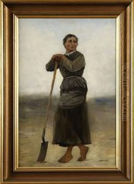 Strandmotiv Med Kvinna Oil Painting by August Wilhelm Nikolaus Hagborg