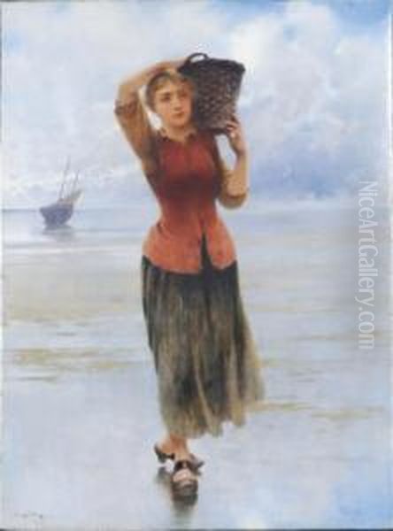 Fisherwoman On The Beach Oil Painting by August Wilhelm Nikolaus Hagborg