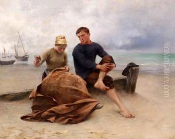 Ungt Par Pa Stranden Oil Painting by August Wilhelm Nikolaus Hagborg