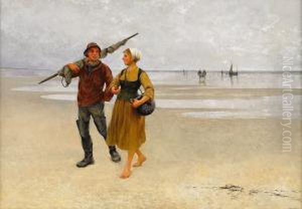 Fiskare Och Musselplockerska Pa Stranden Oil Painting by August Wilhelm Nikolaus Hagborg