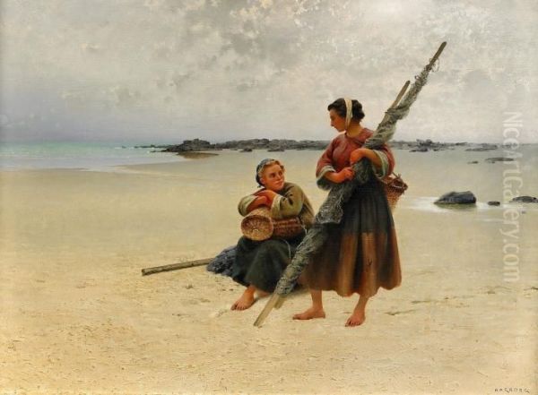 Ostronplockerskor I Bretagne Oil Painting by August Wilhelm Nikolaus Hagborg