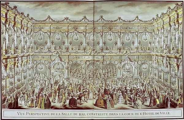 Perspective view of the ballroom constructed in the courtyard of the Hotel de Ville in Paris on the occasion of the Dauphin's first marriage to Marie-Therese (1638-83) Infanta of Spain Oil Painting by Charles-Nicolas II Cochin