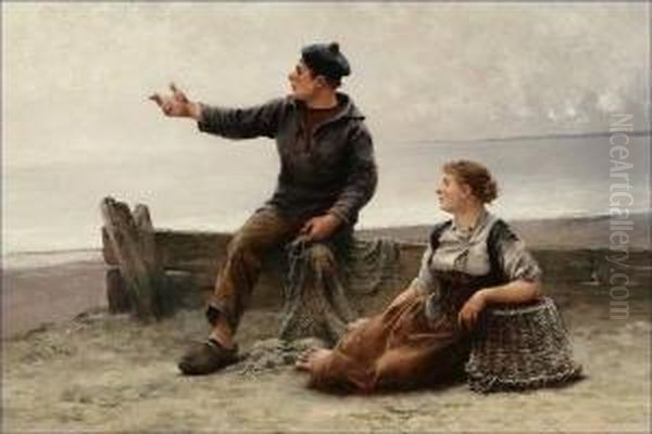 Figures By The Seashore Oil Painting by August Wilhelm Nikolaus Hagborg