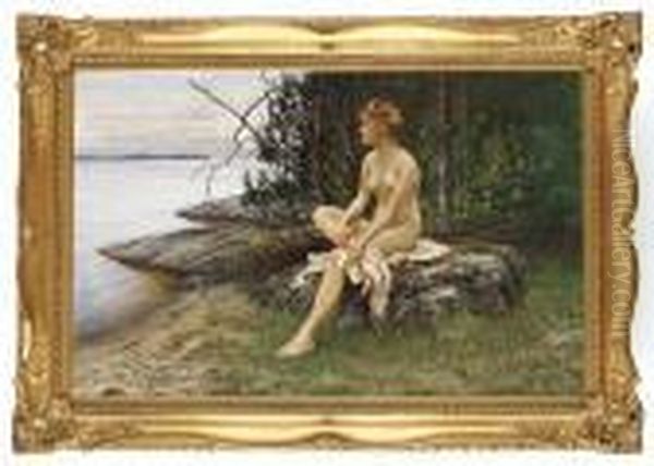 Efter Badet Oil Painting by August Wilhelm Nikolaus Hagborg