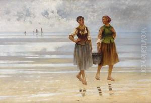 Flickor Vid Strand Oil Painting by August Wilhelm Nikolaus Hagborg