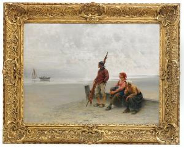 Fiskare Och Musselplockerskor Pa Stranden Oil Painting by August Wilhelm Nikolaus Hagborg