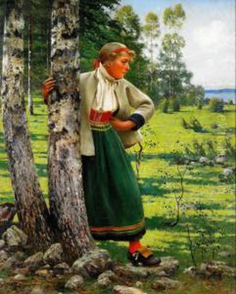 Sommarlandskap Med Ung Kvinna I Folkdrakt Oil Painting by August Wilhelm Nikolaus Hagborg