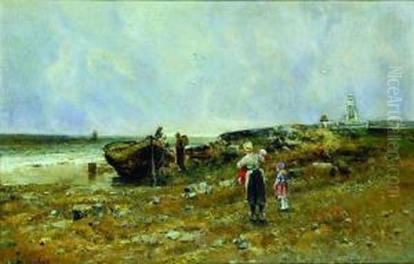 Fisherfolk By The Shore Oil Painting by August Wilhelm Nikolaus Hagborg