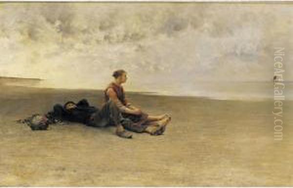 Daydreaming On The Beach Oil Painting by August Wilhelm Nikolaus Hagborg