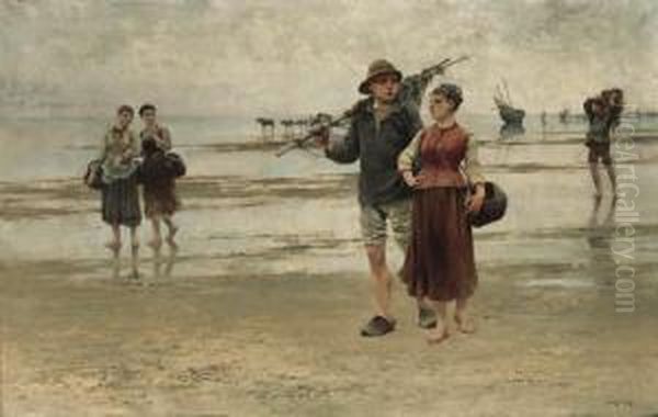 Fisherfolk On The Beach Oil Painting by August Wilhelm Nikolaus Hagborg