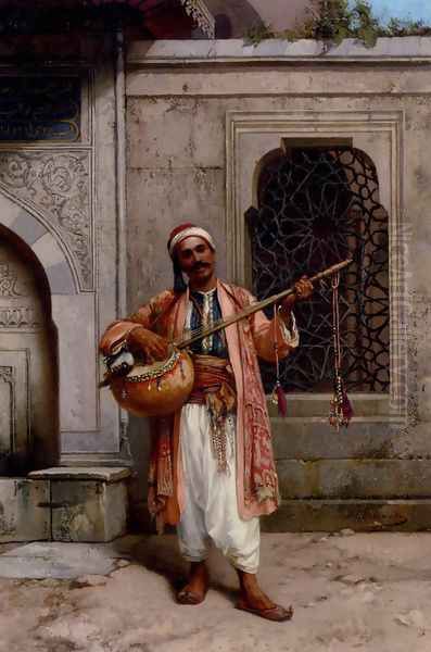 A Musician Playing Before A Mosque In Constantinople Oil Painting by Stanislaus von Chlebowski