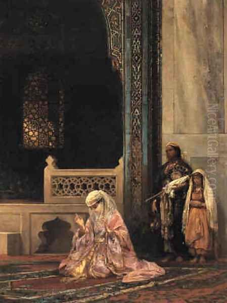 Turkish Lady Praying in the Green Mosque, Bursa Oil Painting by Stanislaus von Chlebowski