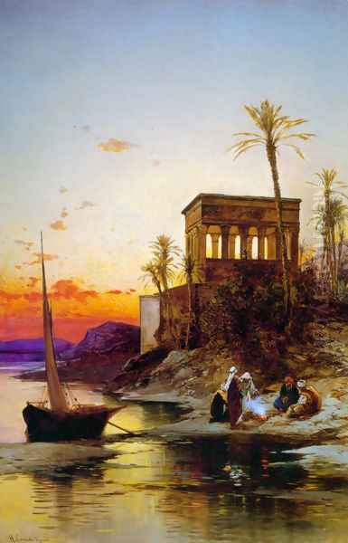 Camp Fire by the River, the Kiosk of Trajan, c.1880 Oil Painting by Hermann David Solomon Corrodi