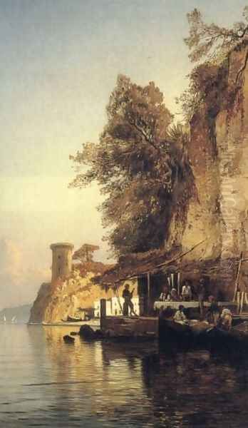 Italian Fisherfold By the Sea, Southern Italy Oil Painting by Hermann David Solomon Corrodi