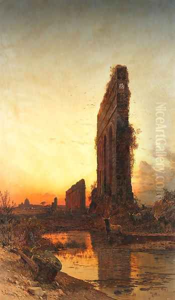 The Roman aqueducts at sunset Oil Painting by Hermann David Solomon Corrodi