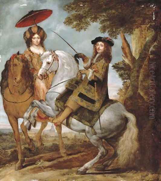 An equestrian portrait of an elegant gentleman and lady in a wooded landscape, a village beyond Oil Painting by Gonzales Coques