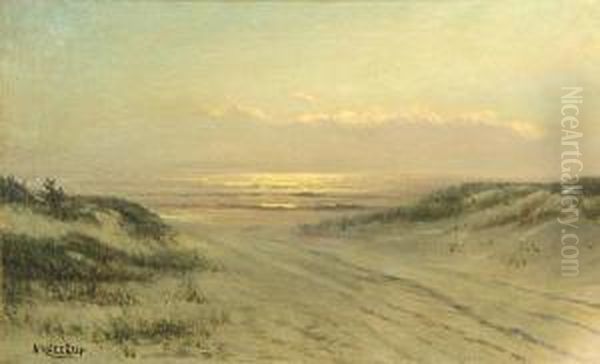 Sunset On The Sea And Sand Dunes Oil Painting by Nels Hagerup