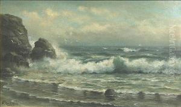 A Flock Of Gulls Above Crashing Waves Oil Painting by Nels Hagerup