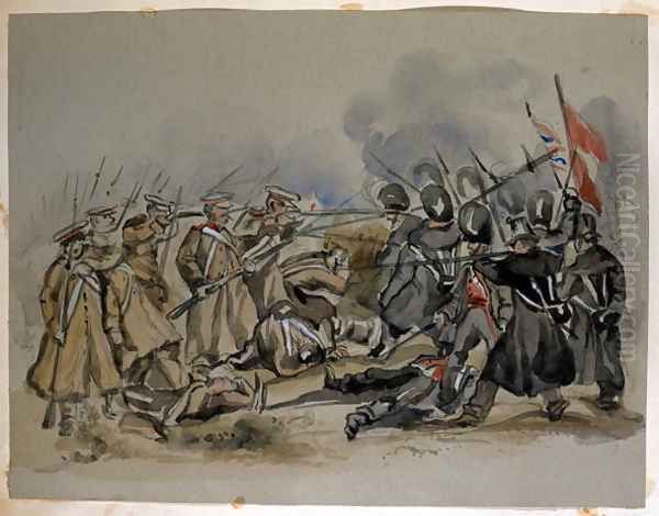 A conflict between Guards and Russian Troops during the Crimean War, from an album of paintings and sketches known as 'Cadogan's Crimea', c.1856 Oil Painting by George Cadogan