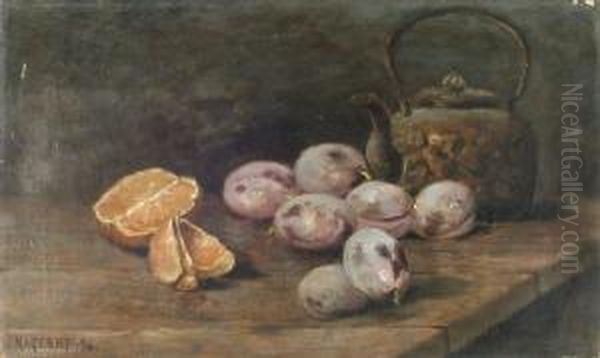 A Still Life With A Kettle, Plums And Oranges Oil Painting by Nels Hagerup