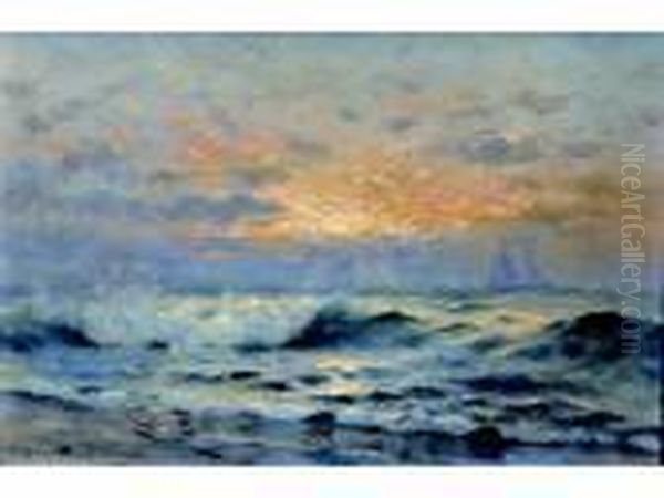 Impressionistic Sunset Coastal Scene With Distant Sailboats Oil Painting by Nels Hagerup