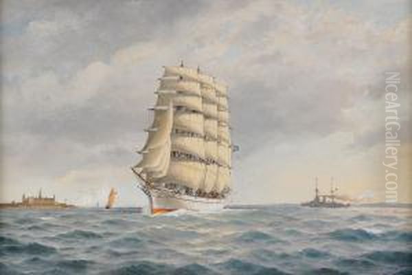 Fyrmastad Bark I Oresund - I Fonden Kronborgs Slott Oil Painting by Jakob Hagg