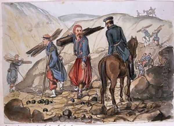 A ravine of Sebastopol after the explosion in the mamelon vert: a Zouave collects wood from the remains, from an album of paintings and sketches known as 'Cadogan's Crimea', 1854-56 Oil Painting by George Cadogan