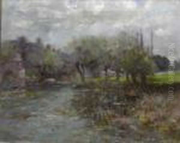 Willow Trees On The Banks Of A River Oil Painting by Joshua Anderson Hague