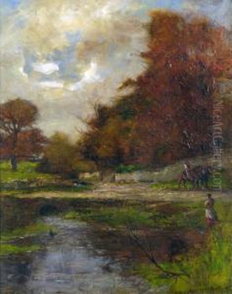 An Autumn Backwater, With Figures And Horses Oil Painting by Joshua Anderson Hague