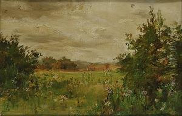 Landscape With Wild Flowers In The Foreground Oil Painting by Joshua Anderson Hague