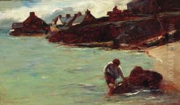 Figures In A Cove, A Village Beyond Oil Painting by Joshua Anderson Hague