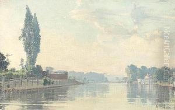 River Scene With Poplar Trees Oil Painting by Axel Herman Haig