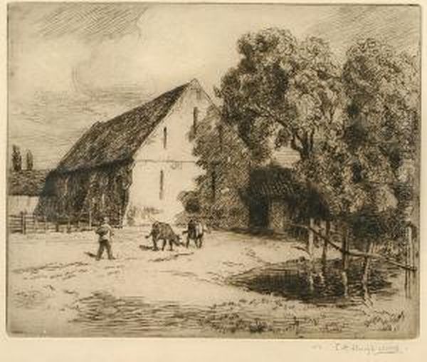 Figures Before A Barn Oil Painting by Thomas Waterman Wood