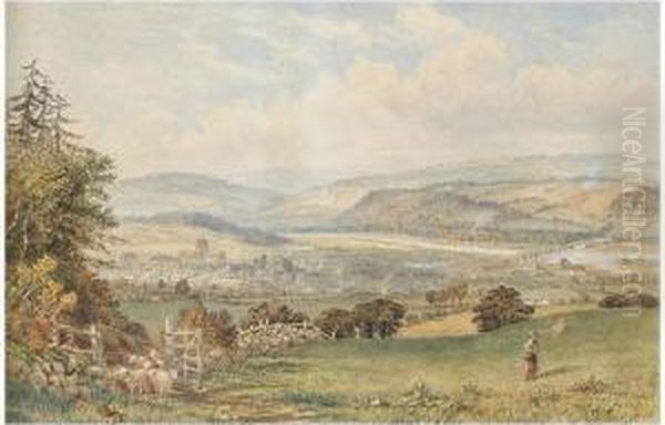 View Over Hexham; Summer Evening Oil Painting by Thomas Henry Hair