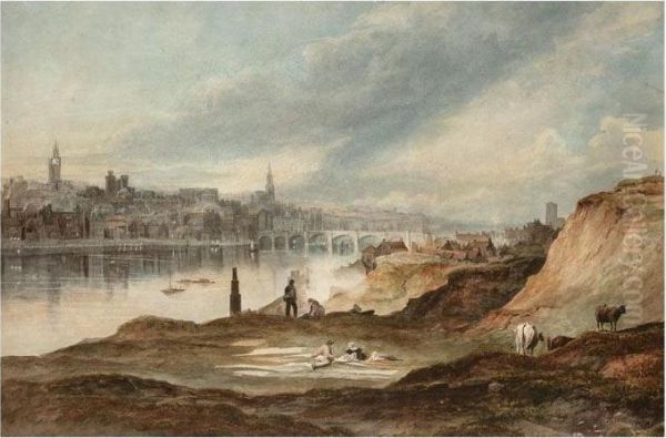 View Of Newcastle Upon Tyne From The Banks Of The Tyne Oil Painting by Thomas Henry Hair