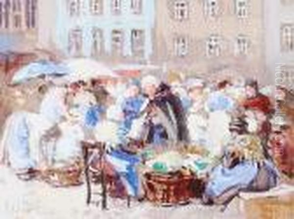 A Busy Market Day Oil Painting by George Charles Haite