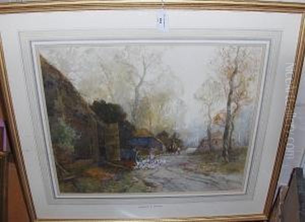 Woman Herding Geese Before A Barn On A Country Lane Oil Painting by George Charles Haite